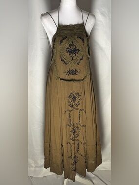 Free People Boho Embroidered Midi Dress Open Back Flowy Cottagecore Dress